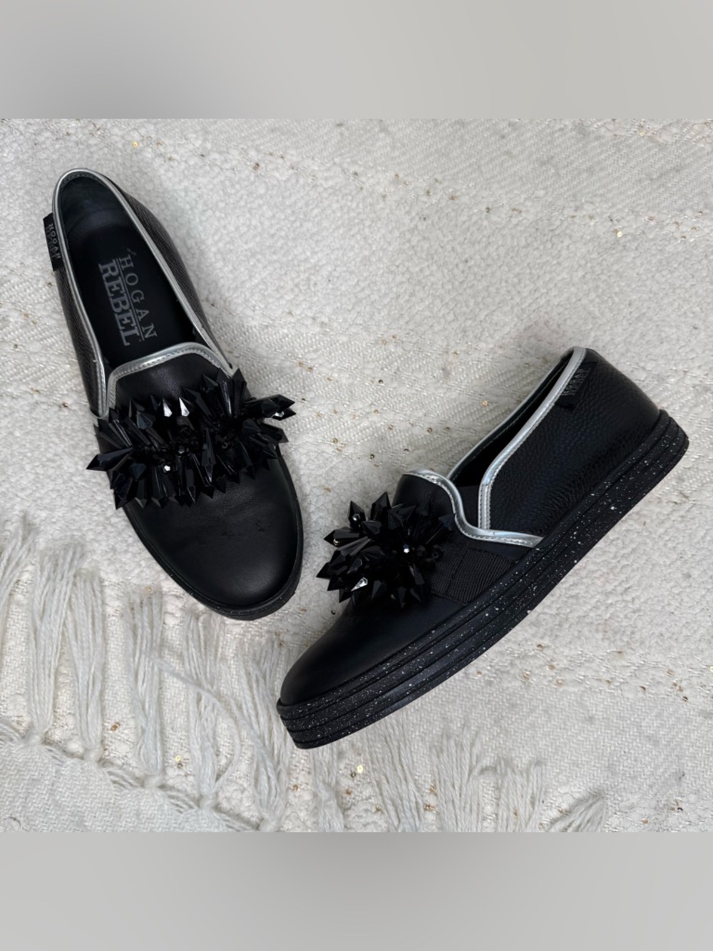 Hogan Rebel black and silver leather embellished slip on sneakers 9